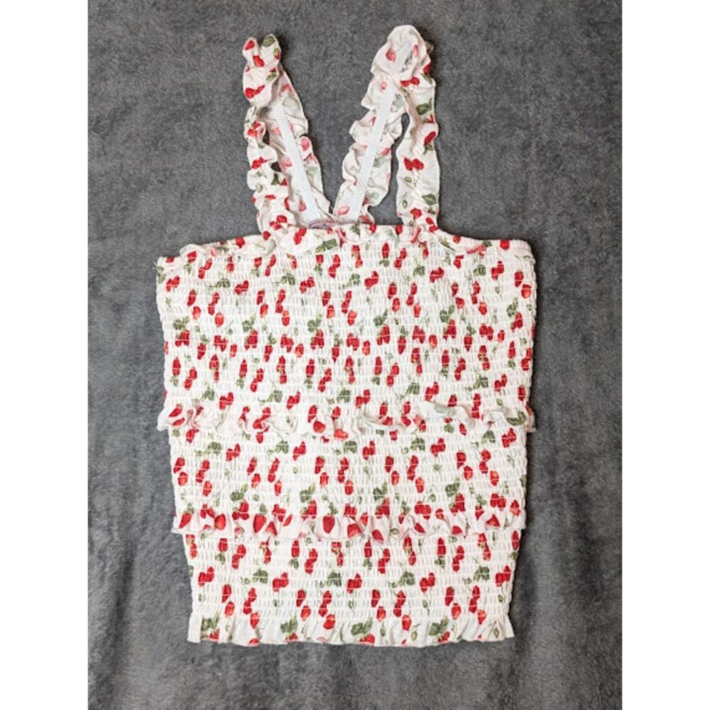 CRAVE FAME: juniors Large printed tiered smocked tank top white/red Cherries